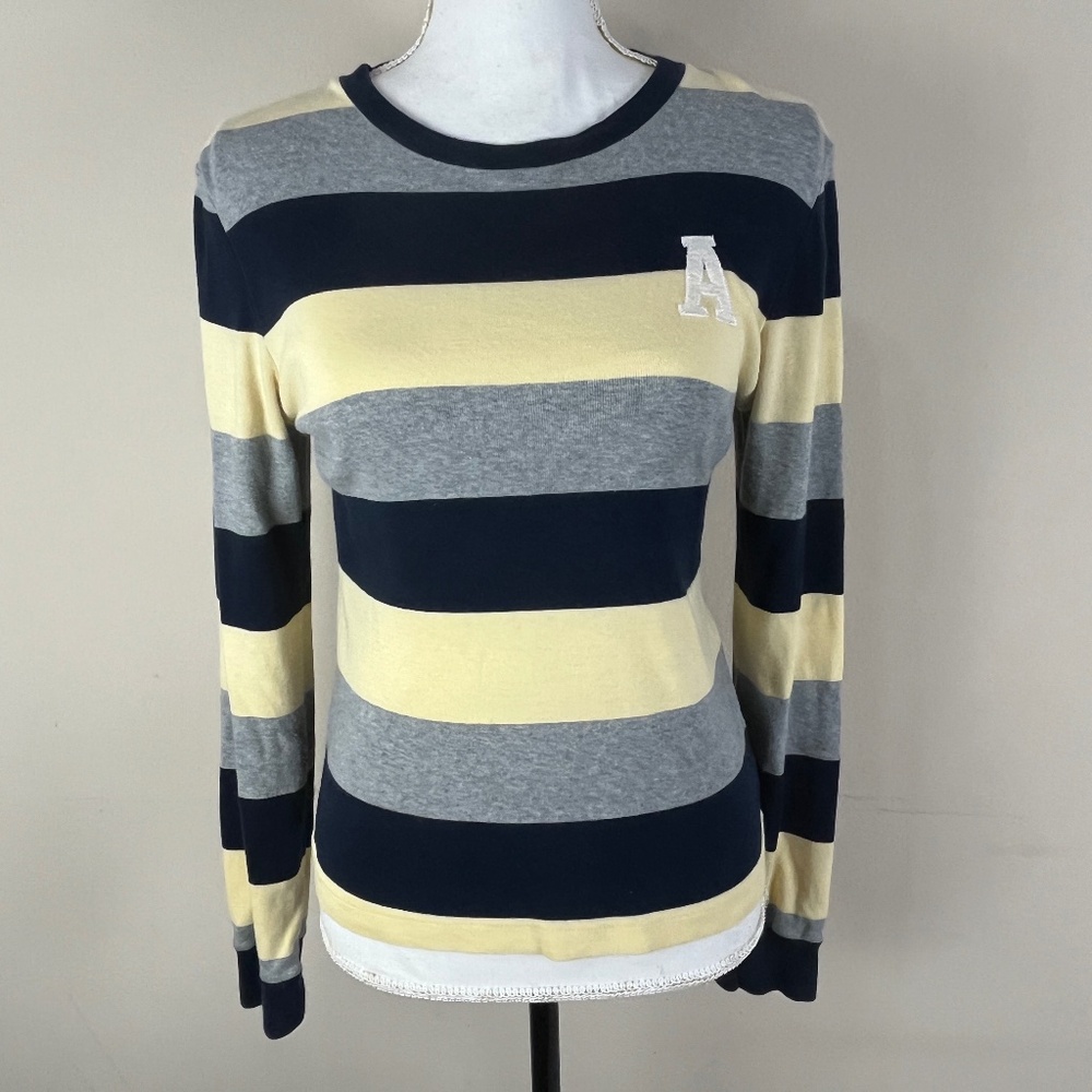 American Eagle Women Sweater Fitted Top Size M Cotton Striped Y2K Gray Yellow